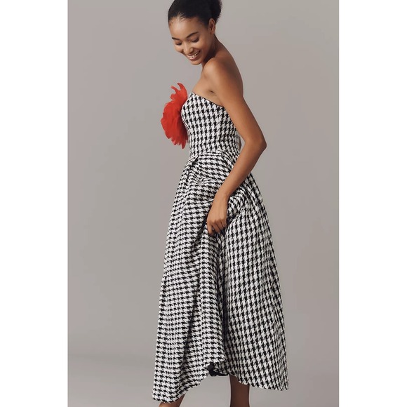 NWT Mac Duggal Ieena‎ Black White Strapless Boucle A Line Midi Dress W/3D Flower - Picture 13 of 15